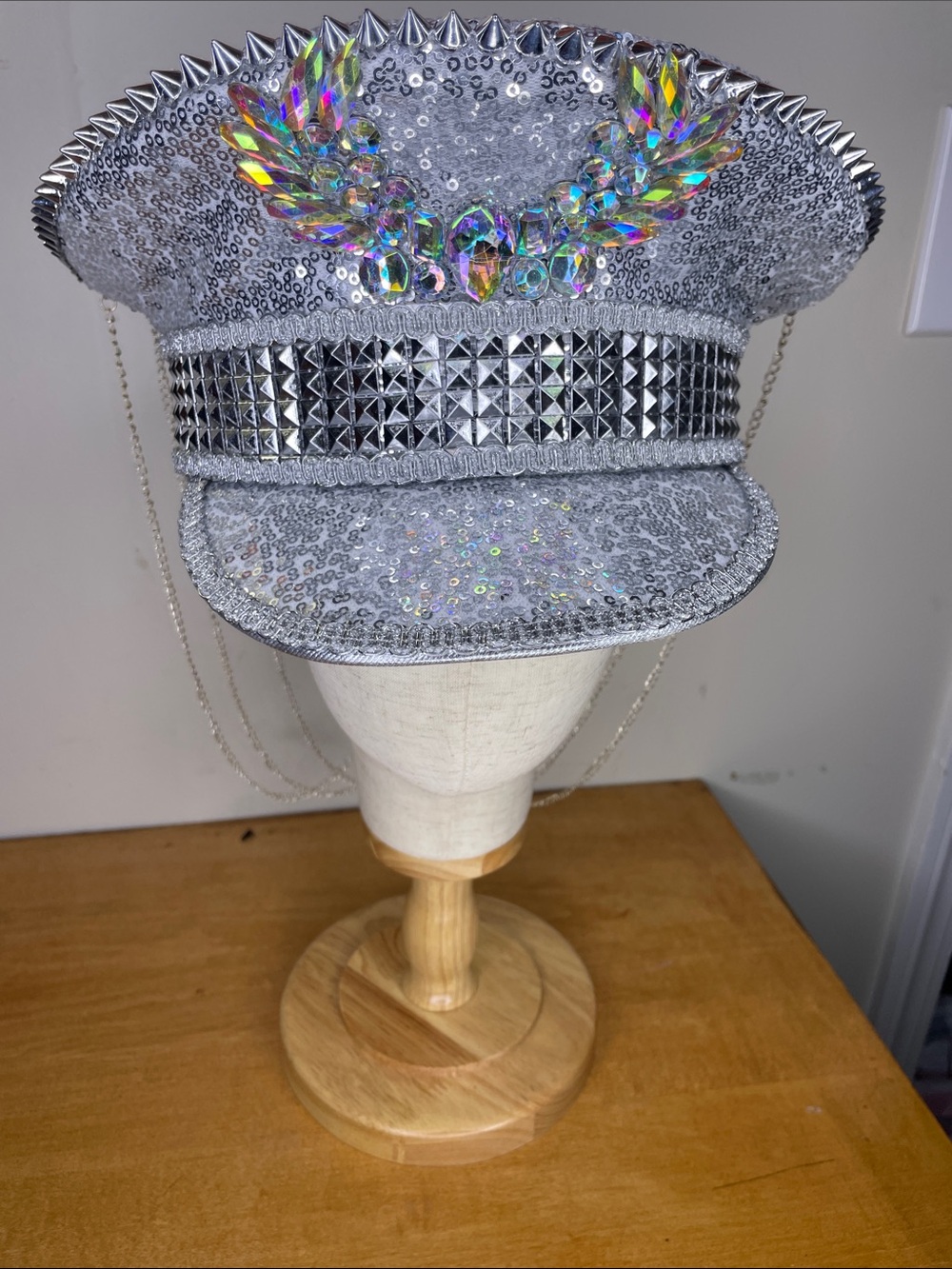Silver Sequin Statement Military-Style Hat with Crystal Accents